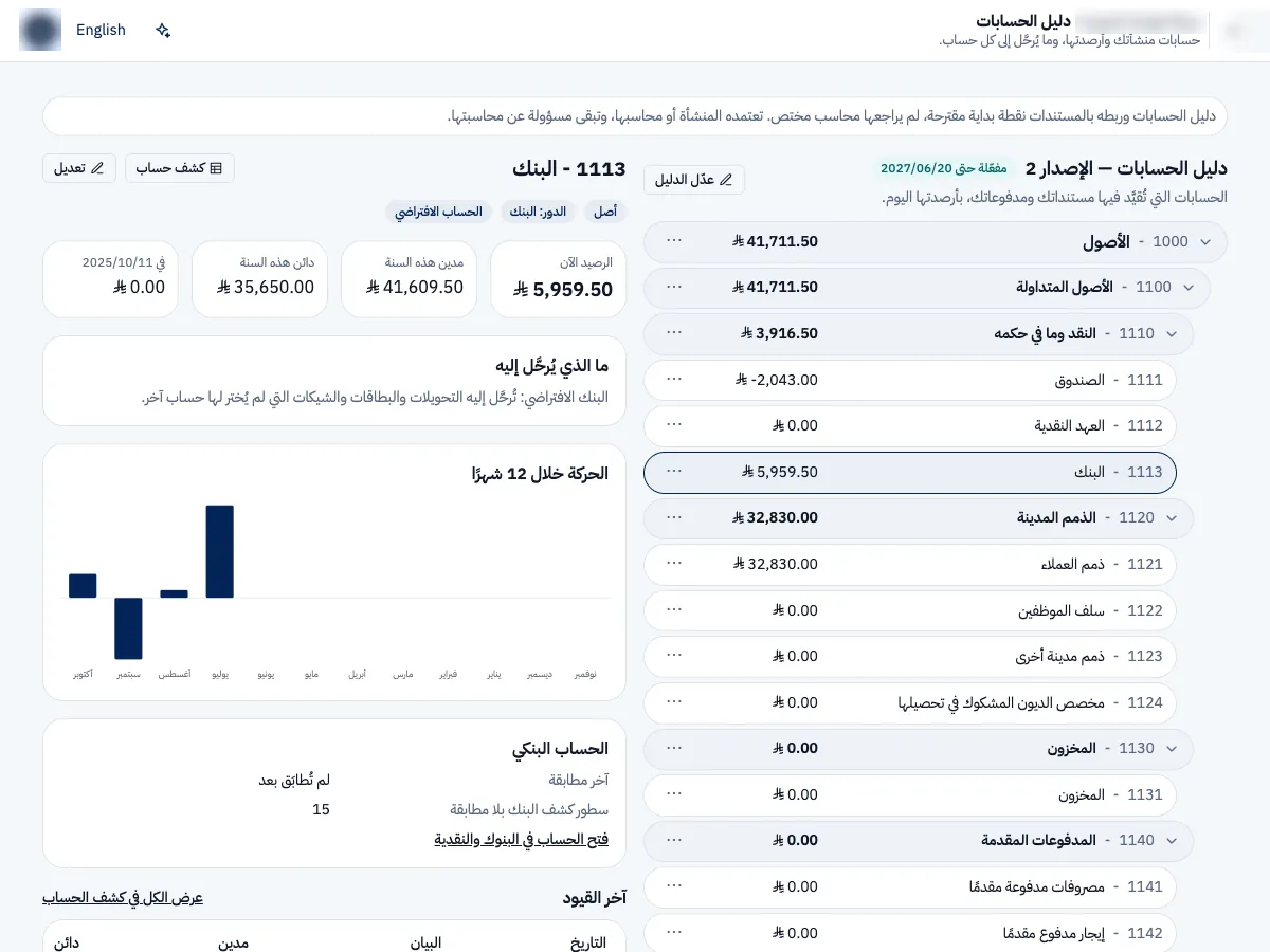 دليل الحسابات في منصة الفاتورة، وحساب البنك مفتوحًا برصيده وحركته خلال 12 شهرًا
