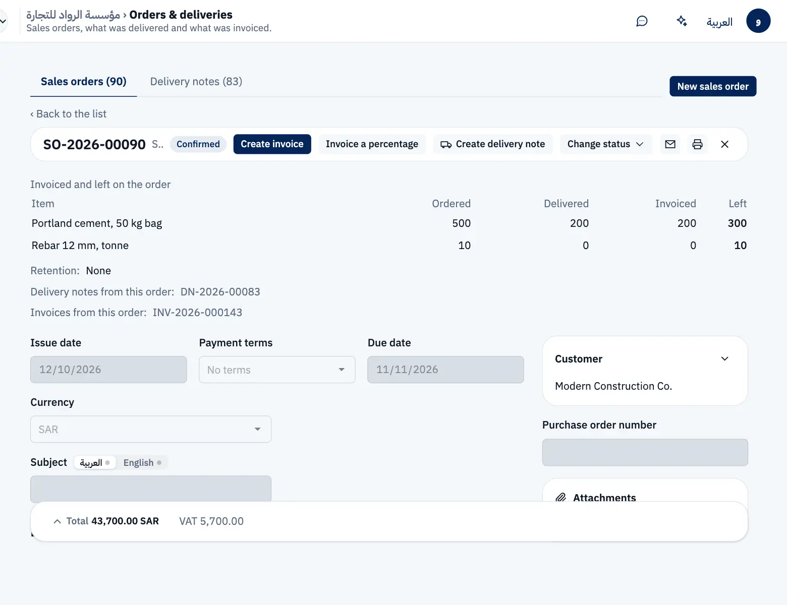 A confirmed sales order with its lines table: ordered, delivered, invoiced and left, 300 bags of cement and 10 tons of rebar still left.